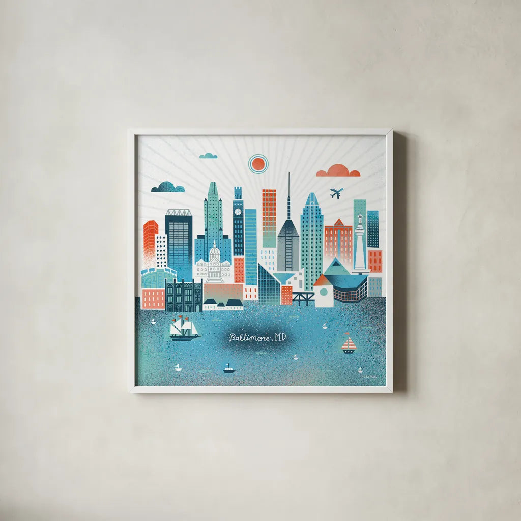 Baltimore Skyline by Michael Mullan. Shown in a crisp white glass frame for a clean and minimalist style. Available as an archival giclee rolled canvas, fine art paper, or poster print. SKU 37543a.