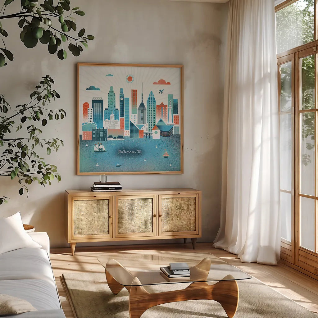 Baltimore Skyline by Michael Mullan. Shown in a natural wood frame in a cozy modern living room. Available as an archival giclee rolled canvas, fine art paper, or poster print. SKU 37543a.