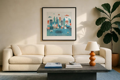 Baltimore Skyline by Michael Mullan. Displayed in a glass frame with matte in a clean modern living room. Available as an archival giclee rolled canvas, fine art paper, or poster print. SKU 37543a.