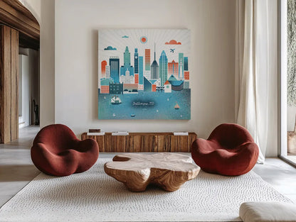 Baltimore Skyline by Michael Mullan. Shown as extra-large giant wall art in a modern living room. Available as an archival giclee rolled canvas, fine art paper, or poster print. SKU 37543a.