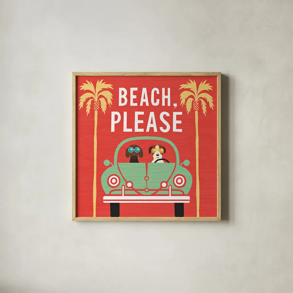 Beach Bums Beetle I square by Michael Mullan. Shown in a natural wood glass frame for a timeless modern aesthetic. Available as an archival giclee rolled canvas, fine art paper, or poster print. SKU 23293a.