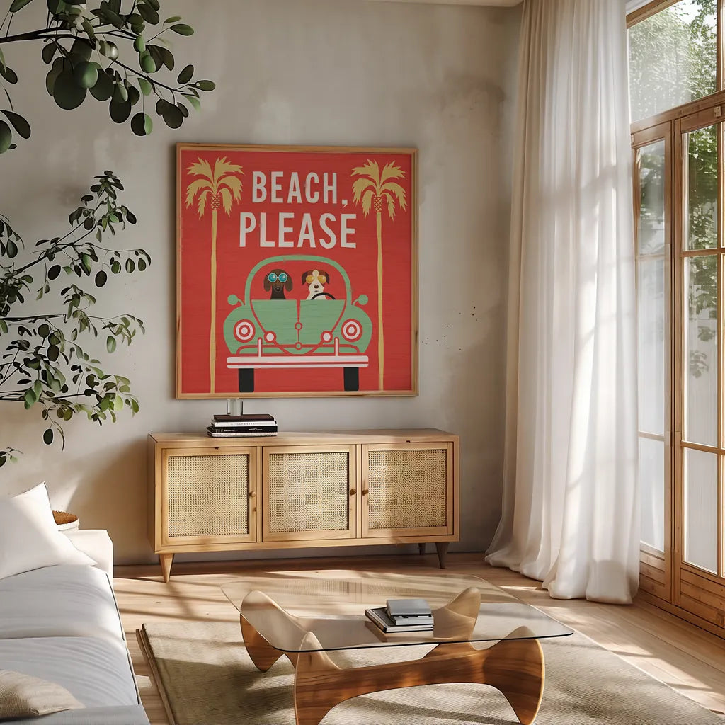 Beach Bums Beetle I square by Michael Mullan. Shown in a natural wood frame in a cozy modern living room. Available as an archival giclee rolled canvas, fine art paper, or poster print. SKU 23293a.