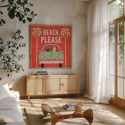 Beach Bums Beetle I square by Michael Mullan. Shown in a natural wood frame in a cozy modern living room. Available as an archival giclee rolled canvas, fine art paper, or poster print. SKU 23293a.