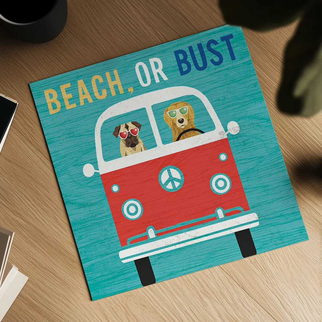 Beach Bums Bus by Michael Mullan. Shown as a detailed flat fine art print, highlighting archival giclee quality. Available as an archival giclee rolled canvas, fine art paper, or poster print. SKU 23269a.