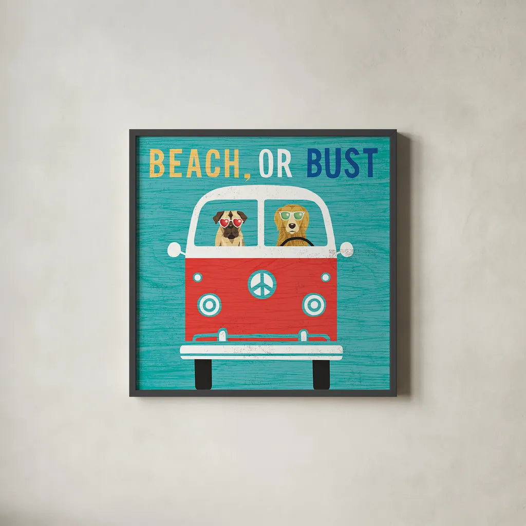 Beach Bums Bus by Michael Mullan. Shown in a sleek black glass frame for a contemporary gallery look. Available as an archival giclee rolled canvas, fine art paper, or poster print. SKU 23269a.