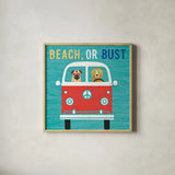 Beach Bums Bus by Michael Mullan. Shown in a natural wood glass frame for a timeless modern aesthetic. Available as an archival giclee rolled canvas, fine art paper, or poster print. SKU 23269a.