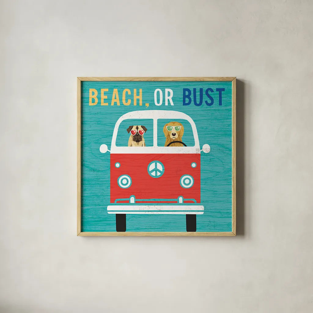 Beach Bums Bus by Michael Mullan. Shown in a natural wood glass frame for a timeless modern aesthetic. Available as an archival giclee rolled canvas, fine art paper, or poster print. SKU 23269a.
