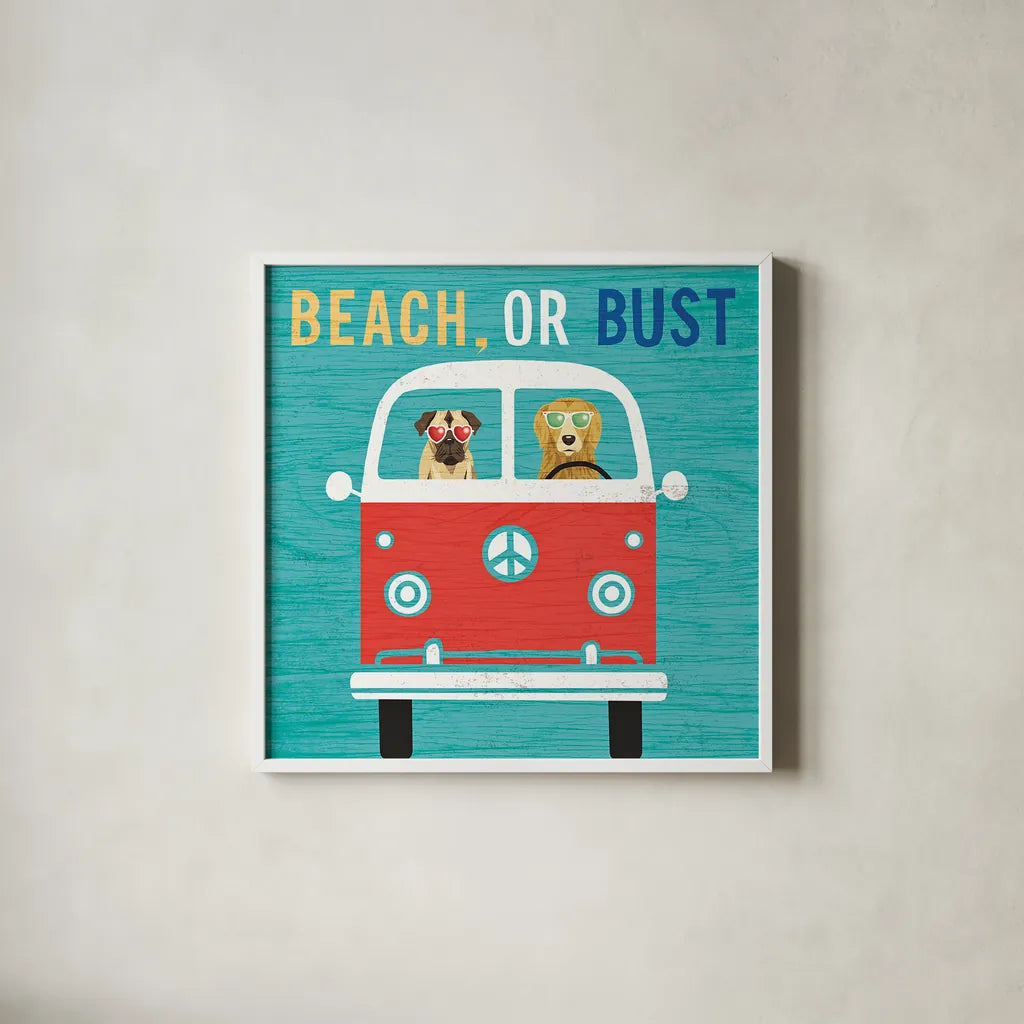 Beach Bums Bus by Michael Mullan. Shown in a crisp white glass frame for a clean and minimalist style. Available as an archival giclee rolled canvas, fine art paper, or poster print. SKU 23269a.
