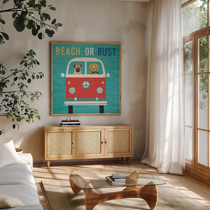 Beach Bums Bus by Michael Mullan. Shown in a natural wood frame in a cozy modern living room. Available as an archival giclee rolled canvas, fine art paper, or poster print. SKU 23269a.