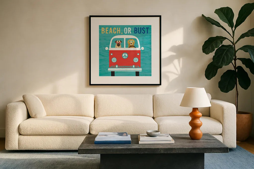 Beach Bums Bus by Michael Mullan. Displayed in a glass frame with matte in a clean modern living room. Available as an archival giclee rolled canvas, fine art paper, or poster print. SKU 23269a.