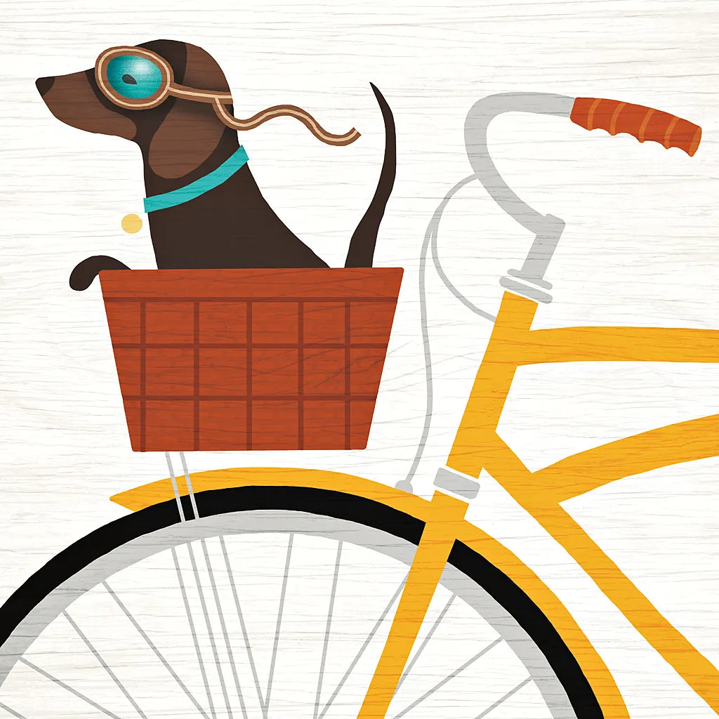 Beach Bums Dachshund Bicycle I by Michael Mullan. SKU 23291a. Archival Giclee Fine art print for wall decor.