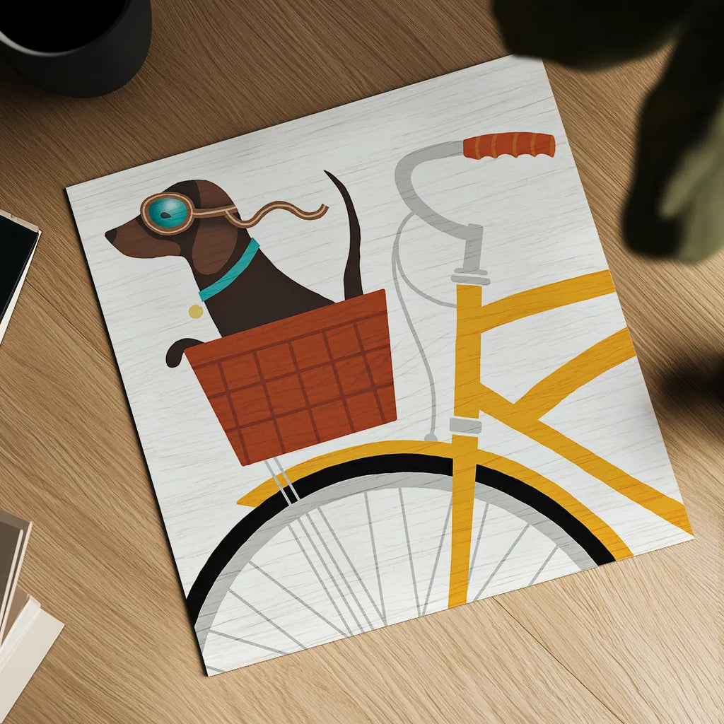 Beach Bums Dachshund Bicycle I by Michael Mullan. Shown as a detailed flat fine art print, highlighting archival giclee quality. Available as an archival giclee rolled canvas, fine art paper, or poster print. SKU 23291a.