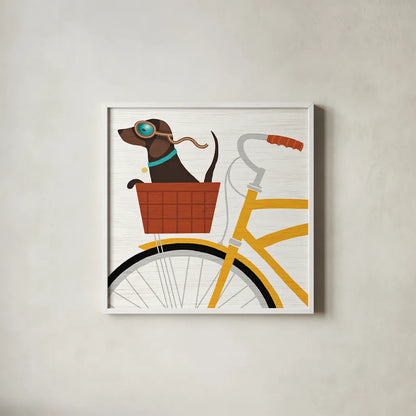 Beach Bums Dachshund Bicycle I by Michael Mullan. Shown in a crisp white glass frame for a clean and minimalist style. Available as an archival giclee rolled canvas, fine art paper, or poster print. SKU 23291a.