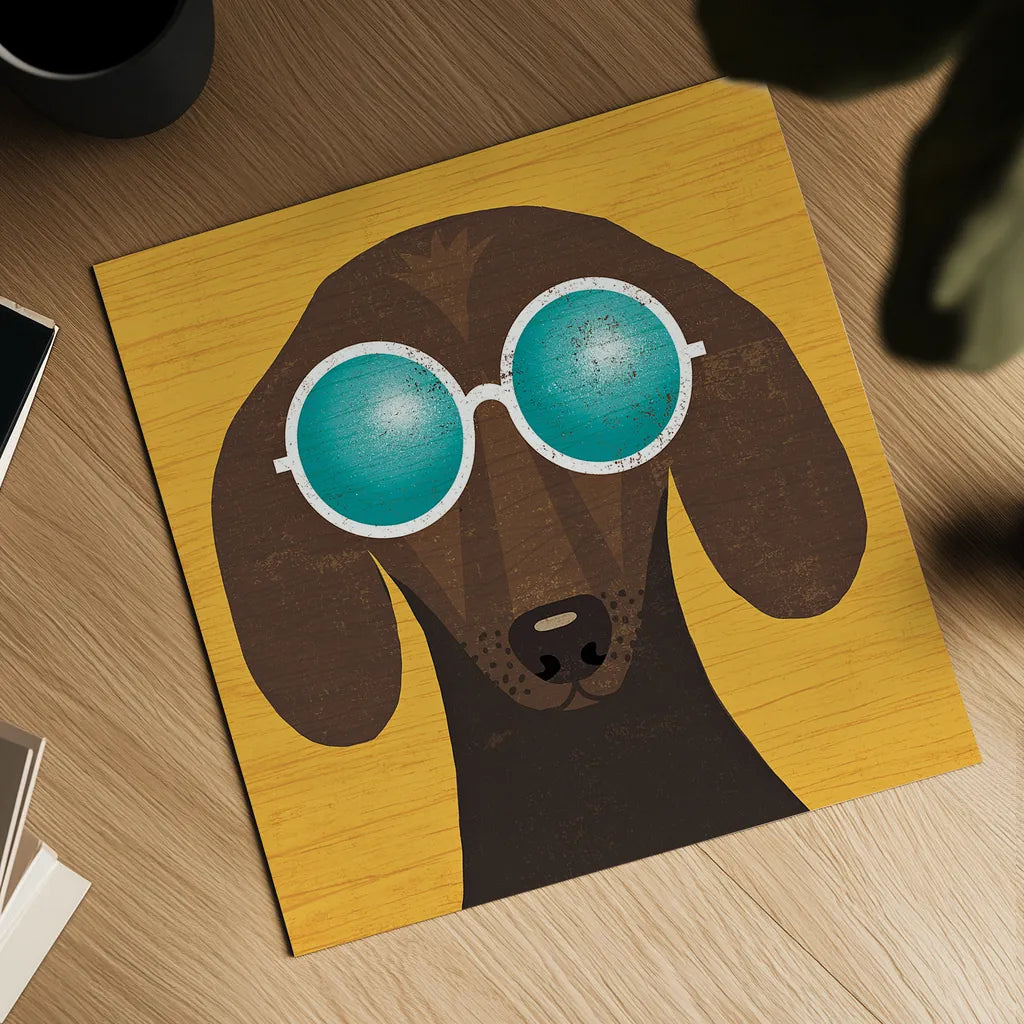 Beach Bums Dachshund I by Michael Mullan. Shown as a detailed flat fine art print, highlighting archival giclee quality. Available as an archival giclee rolled canvas, fine art paper, or poster print. SKU 23289a.