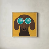 Beach Bums Dachshund I by Michael Mullan. Shown in a natural wood glass frame for a timeless modern aesthetic. Available as an archival giclee rolled canvas, fine art paper, or poster print. SKU 23289a.