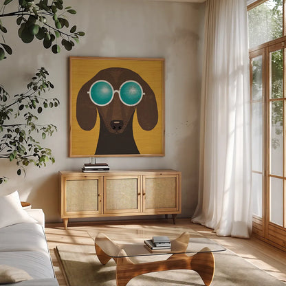 Beach Bums Dachshund I by Michael Mullan. Shown in a natural wood frame in a cozy modern living room. Available as an archival giclee rolled canvas, fine art paper, or poster print. SKU 23289a.