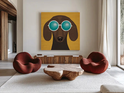 Beach Bums Dachshund I by Michael Mullan. Shown as extra-large giant wall art in a modern living room. Available as an archival giclee rolled canvas, fine art paper, or poster print. SKU 23289a.