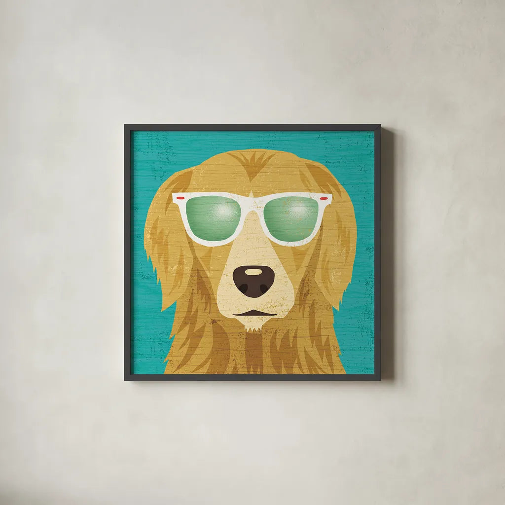 Beach Bums Golden I by Michael Mullan. Shown in a sleek black glass frame for a contemporary gallery look. Available as an archival giclee rolled canvas, fine art paper, or poster print. SKU 23284a.