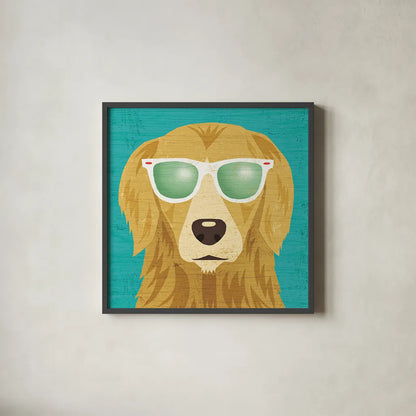 Beach Bums Golden I by Michael Mullan. Shown in a sleek black glass frame for a contemporary gallery look. Available as an archival giclee rolled canvas, fine art paper, or poster print. SKU 23284a.