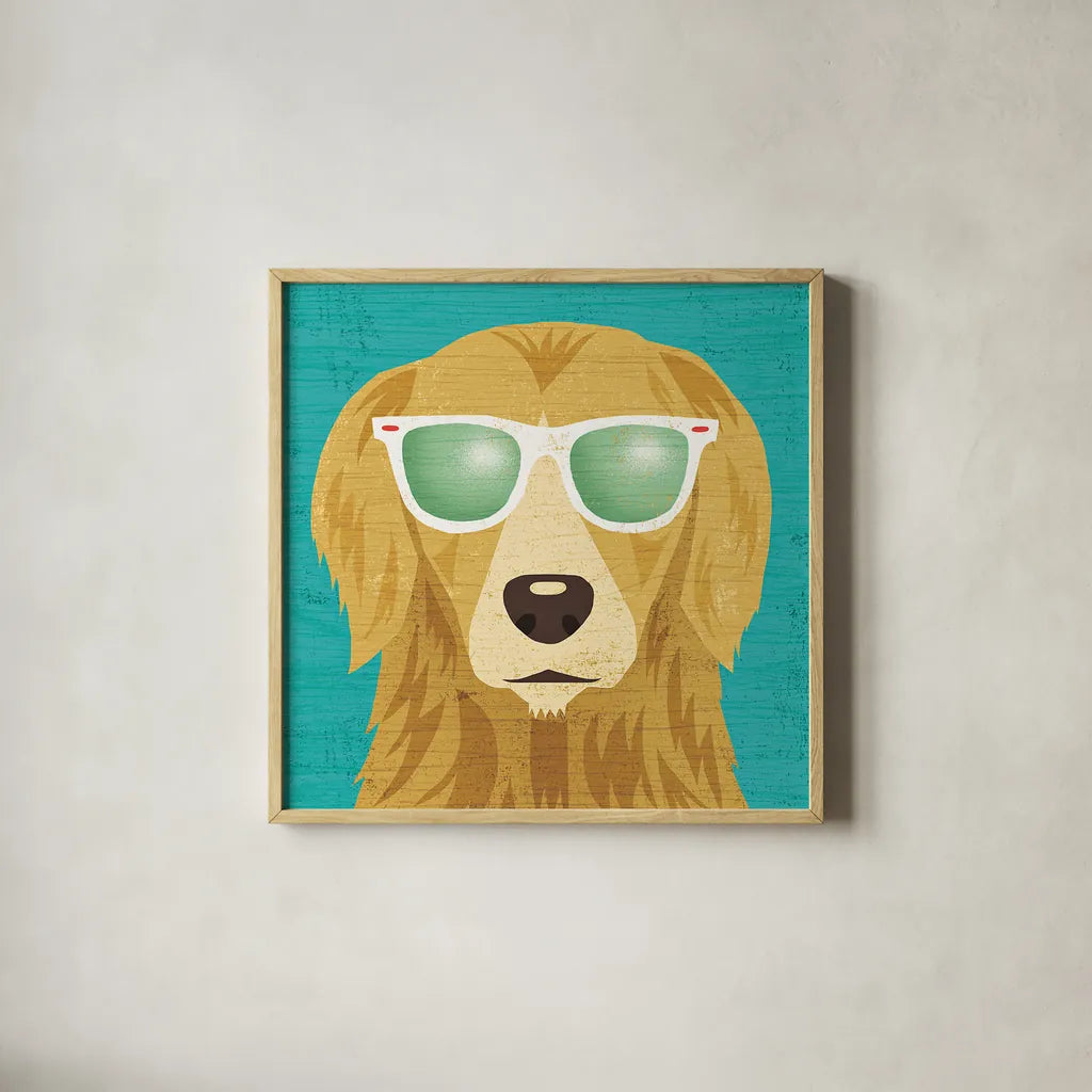 Beach Bums Golden I by Michael Mullan. Shown in a natural wood glass frame for a timeless modern aesthetic. Available as an archival giclee rolled canvas, fine art paper, or poster print. SKU 23284a.