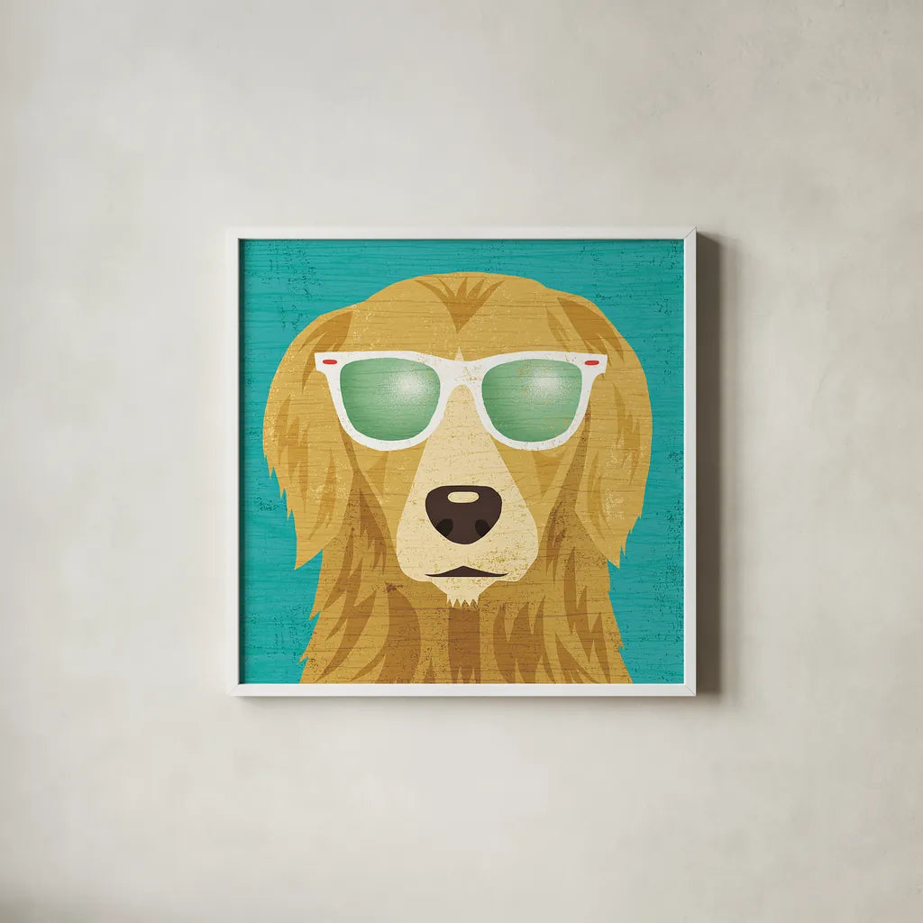 Beach Bums Golden I by Michael Mullan. Shown in a crisp white glass frame for a clean and minimalist style. Available as an archival giclee rolled canvas, fine art paper, or poster print. SKU 23284a.