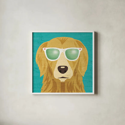 Beach Bums Golden I by Michael Mullan. Shown in a crisp white glass frame for a clean and minimalist style. Available as an archival giclee rolled canvas, fine art paper, or poster print. SKU 23284a.