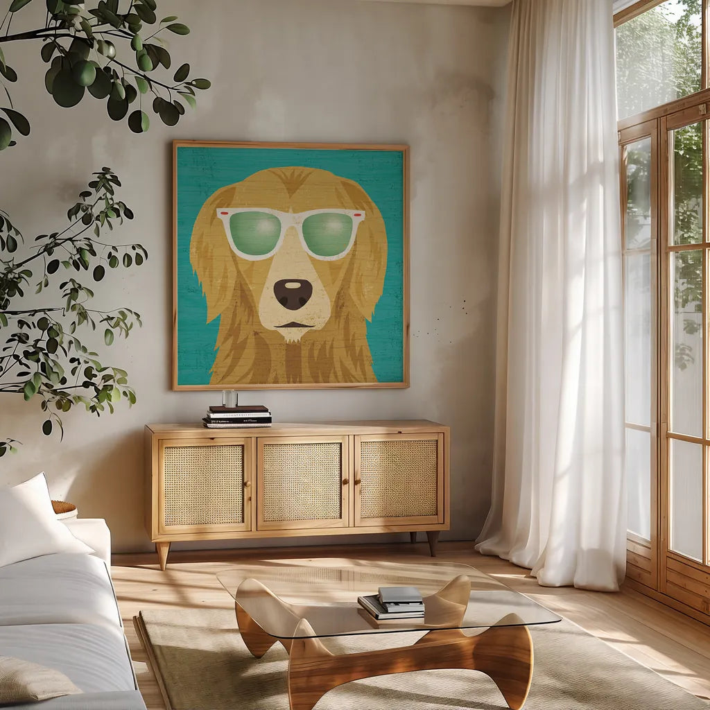 Beach Bums Golden I by Michael Mullan. Shown in a natural wood frame in a cozy modern living room. Available as an archival giclee rolled canvas, fine art paper, or poster print. SKU 23284a.