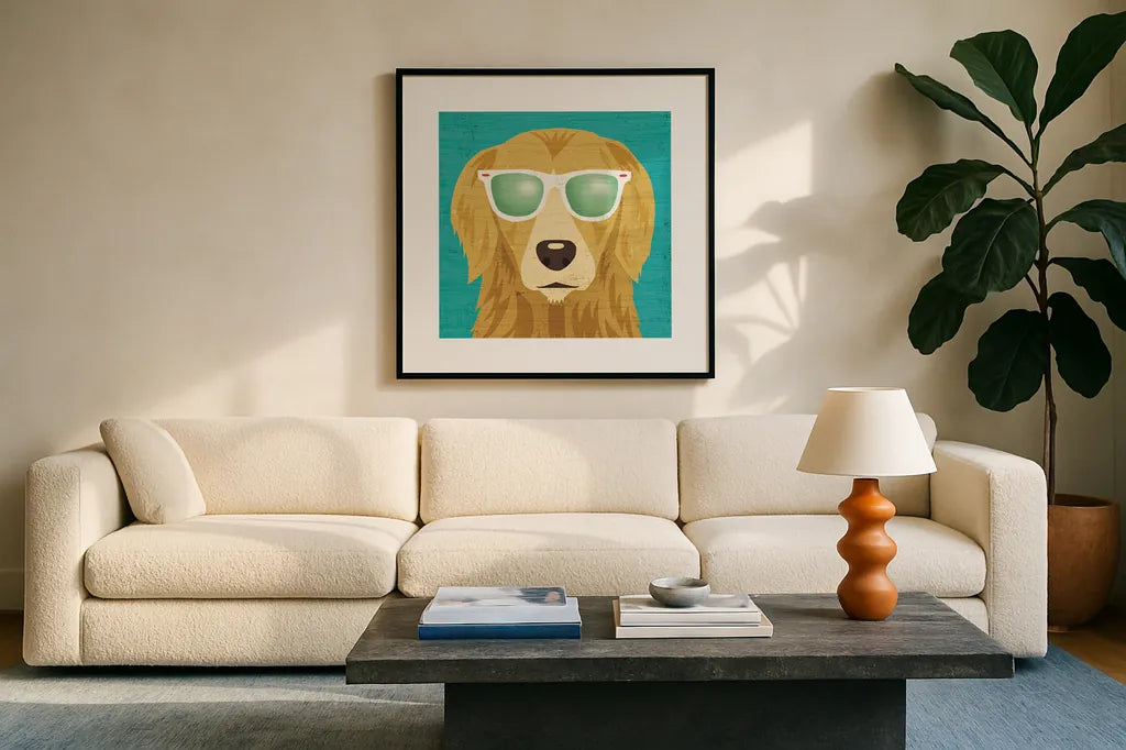 Beach Bums Golden I by Michael Mullan. Displayed in a glass frame with matte in a clean modern living room. Available as an archival giclee rolled canvas, fine art paper, or poster print. SKU 23284a.