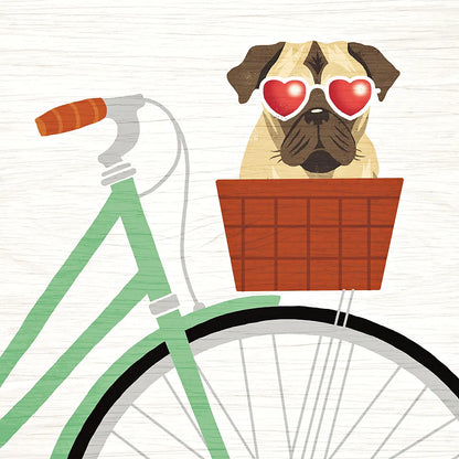 Beach Bums Pug Bicycle I by Michael Mullan. SKU 23280a. Archival Giclee Fine art print for wall decor.