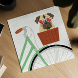 Beach Bums Pug Bicycle I by Michael Mullan. Shown as a detailed flat fine art print, highlighting archival giclee quality. Available as an archival giclee rolled canvas, fine art paper, or poster print. SKU 23280a.