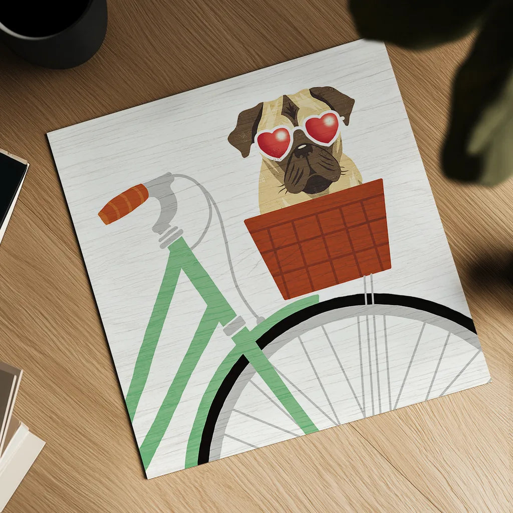 Beach Bums Pug Bicycle I by Michael Mullan. Shown as a detailed flat fine art print, highlighting archival giclee quality. Available as an archival giclee rolled canvas, fine art paper, or poster print. SKU 23280a.