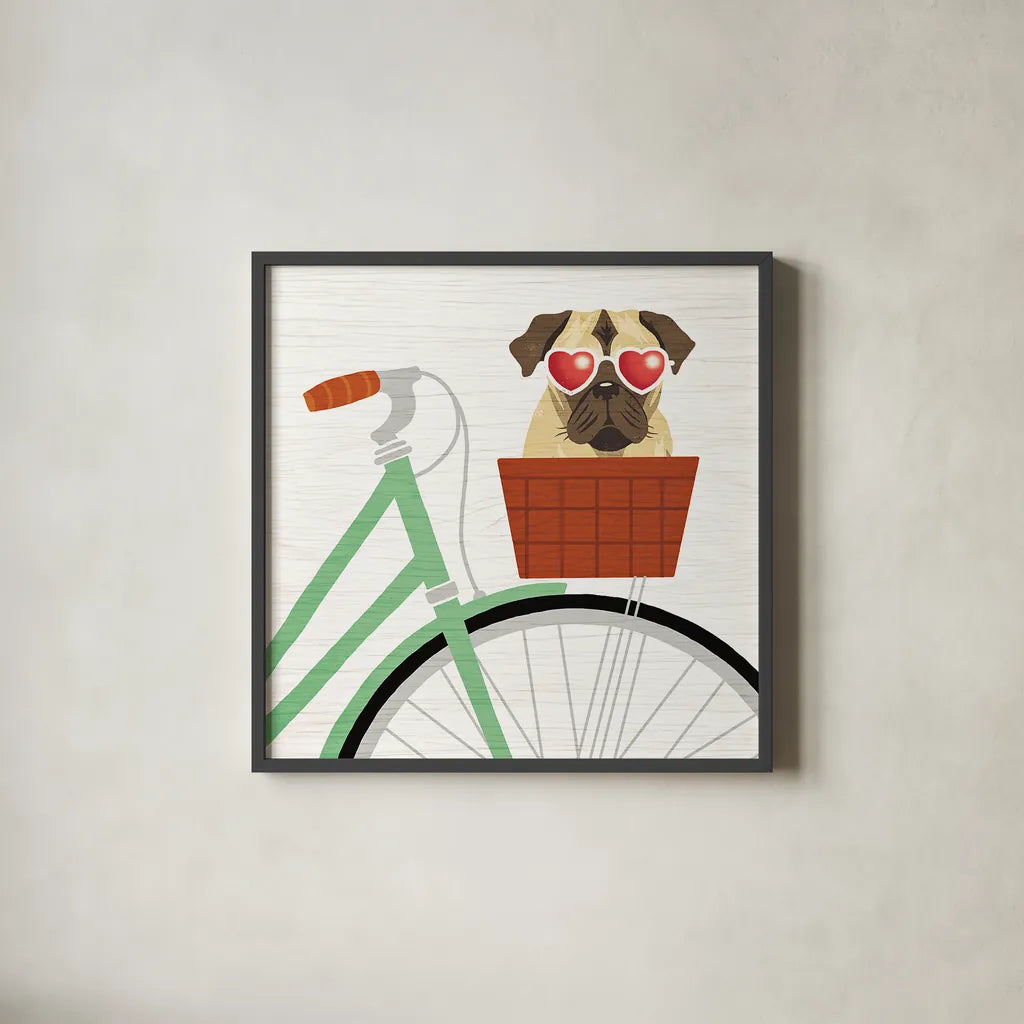 Beach Bums Pug Bicycle I by Michael Mullan. Shown in a sleek black glass frame for a contemporary gallery look. Available as an archival giclee rolled canvas, fine art paper, or poster print. SKU 23280a.