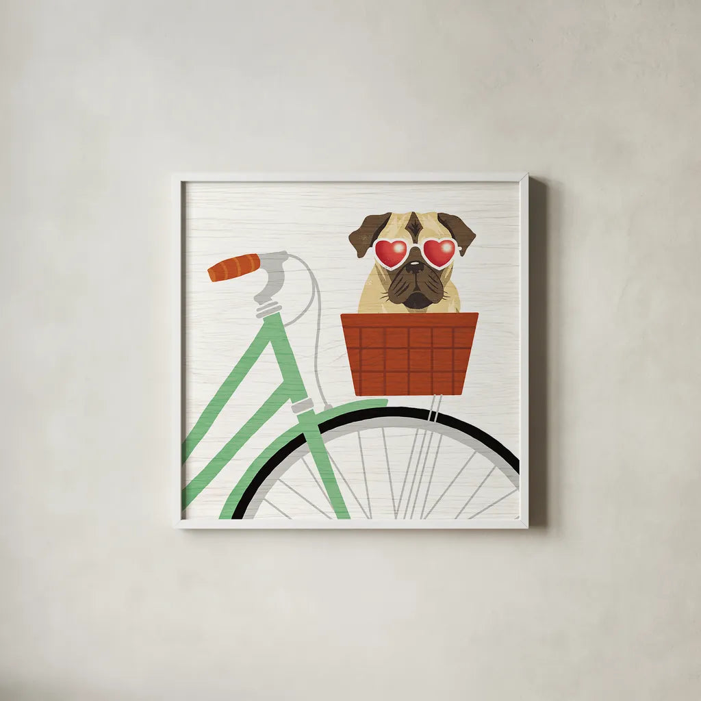Beach Bums Pug Bicycle I by Michael Mullan. Shown in a crisp white glass frame for a clean and minimalist style. Available as an archival giclee rolled canvas, fine art paper, or poster print. SKU 23280a.