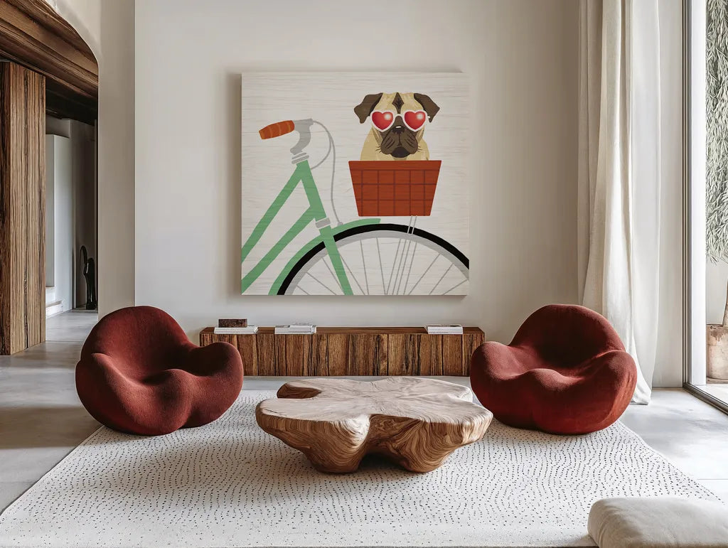 Beach Bums Pug Bicycle I by Michael Mullan. Shown as extra-large giant wall art in a modern living room. Available as an archival giclee rolled canvas, fine art paper, or poster print. SKU 23280a.