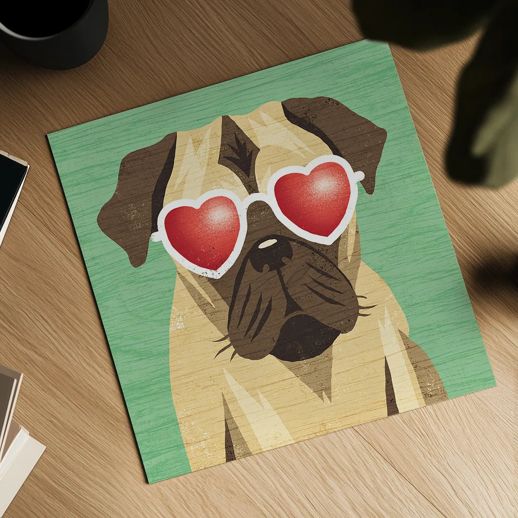 Beach Bums Pug I by Michael Mullan. Shown as a detailed flat fine art print, highlighting archival giclee quality. Available as an archival giclee rolled canvas, fine art paper, or poster print. SKU 23281a.