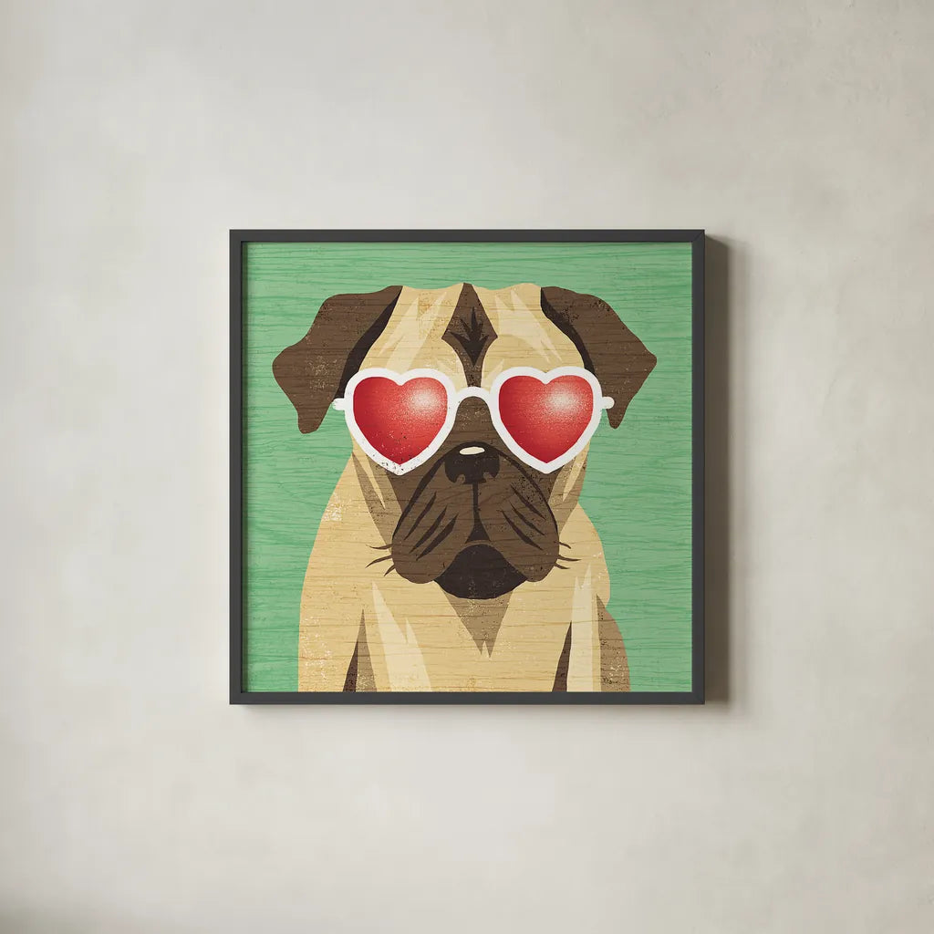 Beach Bums Pug I by Michael Mullan. Shown in a sleek black glass frame for a contemporary gallery look. Available as an archival giclee rolled canvas, fine art paper, or poster print. SKU 23281a.