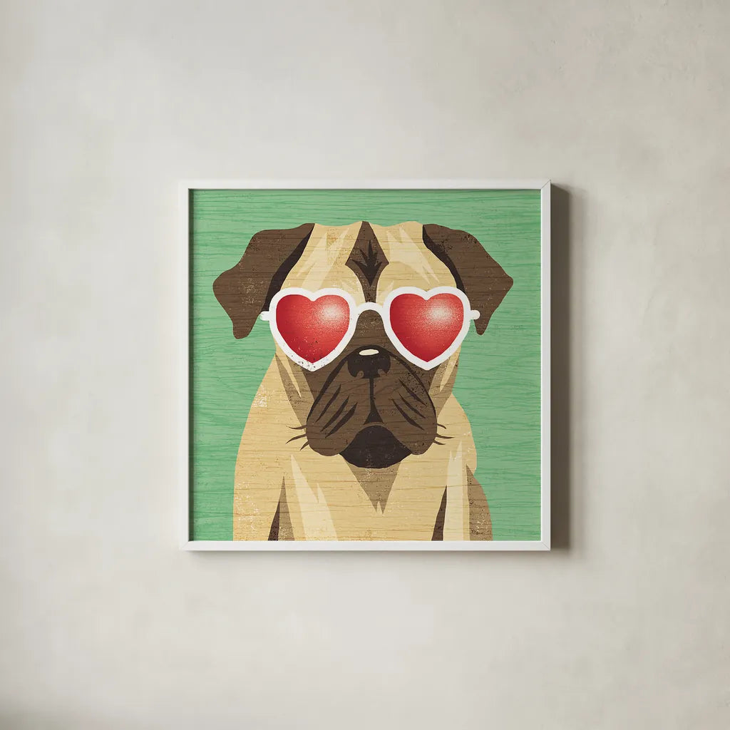 Beach Bums Pug I by Michael Mullan. Shown in a crisp white glass frame for a clean and minimalist style. Available as an archival giclee rolled canvas, fine art paper, or poster print. SKU 23281a.