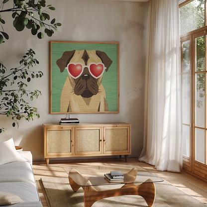 Beach Bums Pug I by Michael Mullan. Shown in a natural wood frame in a cozy modern living room. Available as an archival giclee rolled canvas, fine art paper, or poster print. SKU 23281a.