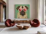 Beach Bums Pug I by Michael Mullan. Shown as extra-large giant wall art in a modern living room. Available as an archival giclee rolled canvas, fine art paper, or poster print. SKU 23281a.