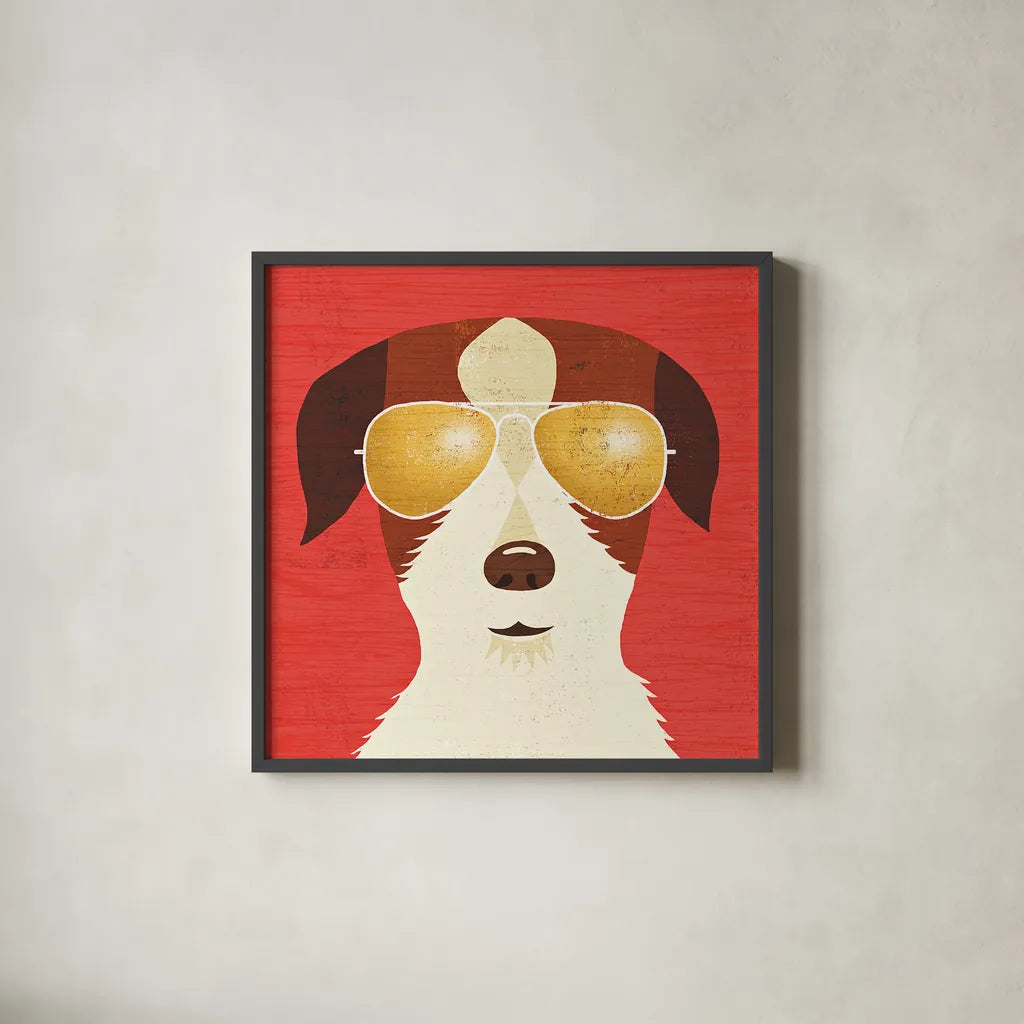Beach Bums Terrier I by Michael Mullan. Shown in a sleek black glass frame for a contemporary gallery look. Available as an archival giclee rolled canvas, fine art paper, or poster print. SKU 23274a.