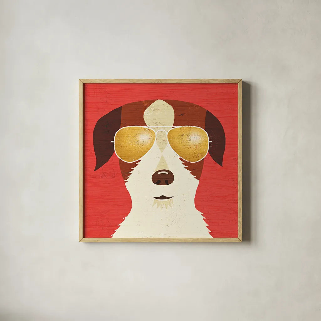 Beach Bums Terrier I by Michael Mullan. Shown in a natural wood glass frame for a timeless modern aesthetic. Available as an archival giclee rolled canvas, fine art paper, or poster print. SKU 23274a.