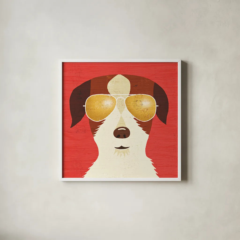 Beach Bums Terrier I by Michael Mullan. Shown in a crisp white glass frame for a clean and minimalist style. Available as an archival giclee rolled canvas, fine art paper, or poster print. SKU 23274a.