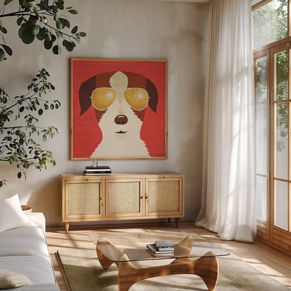Beach Bums Terrier I by Michael Mullan. Shown in a natural wood frame in a cozy modern living room. Available as an archival giclee rolled canvas, fine art paper, or poster print. SKU 23274a.