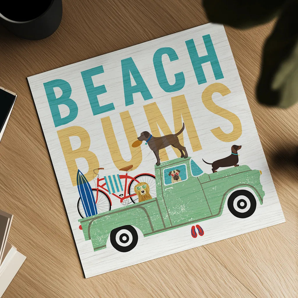 Beach Bums Truck I square by Michael Mullan. Shown as a detailed flat fine art print, highlighting archival giclee quality. Available as an archival giclee rolled canvas, fine art paper, or poster print. SKU 23268a.