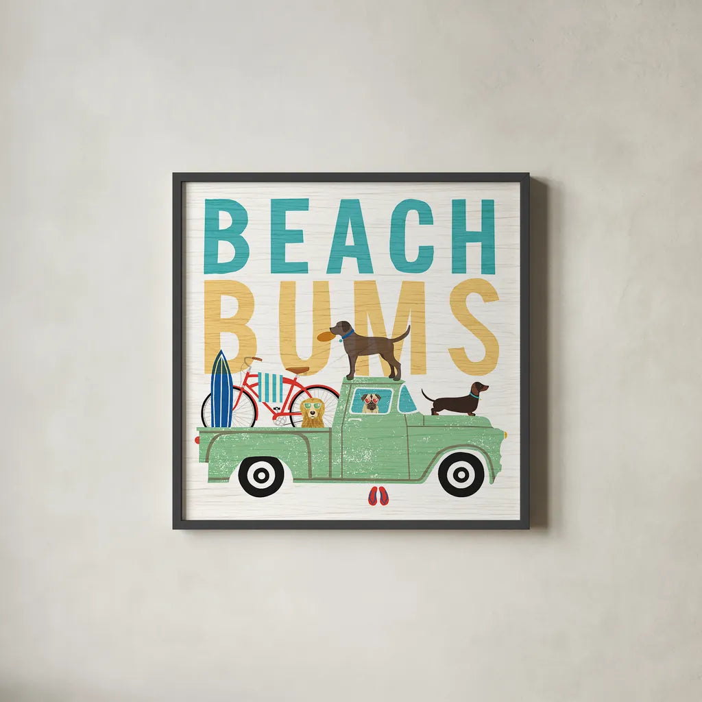 Beach Bums Truck I square by Michael Mullan. Shown in a sleek black glass frame for a contemporary gallery look. Available as an archival giclee rolled canvas, fine art paper, or poster print. SKU 23268a.