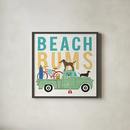 Beach Bums Truck I square by Michael Mullan. Shown in a sleek black glass frame for a contemporary gallery look. Available as an archival giclee rolled canvas, fine art paper, or poster print. SKU 23268a.