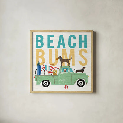 Beach Bums Truck I square by Michael Mullan. Shown in a natural wood glass frame for a timeless modern aesthetic. Available as an archival giclee rolled canvas, fine art paper, or poster print. SKU 23268a.
