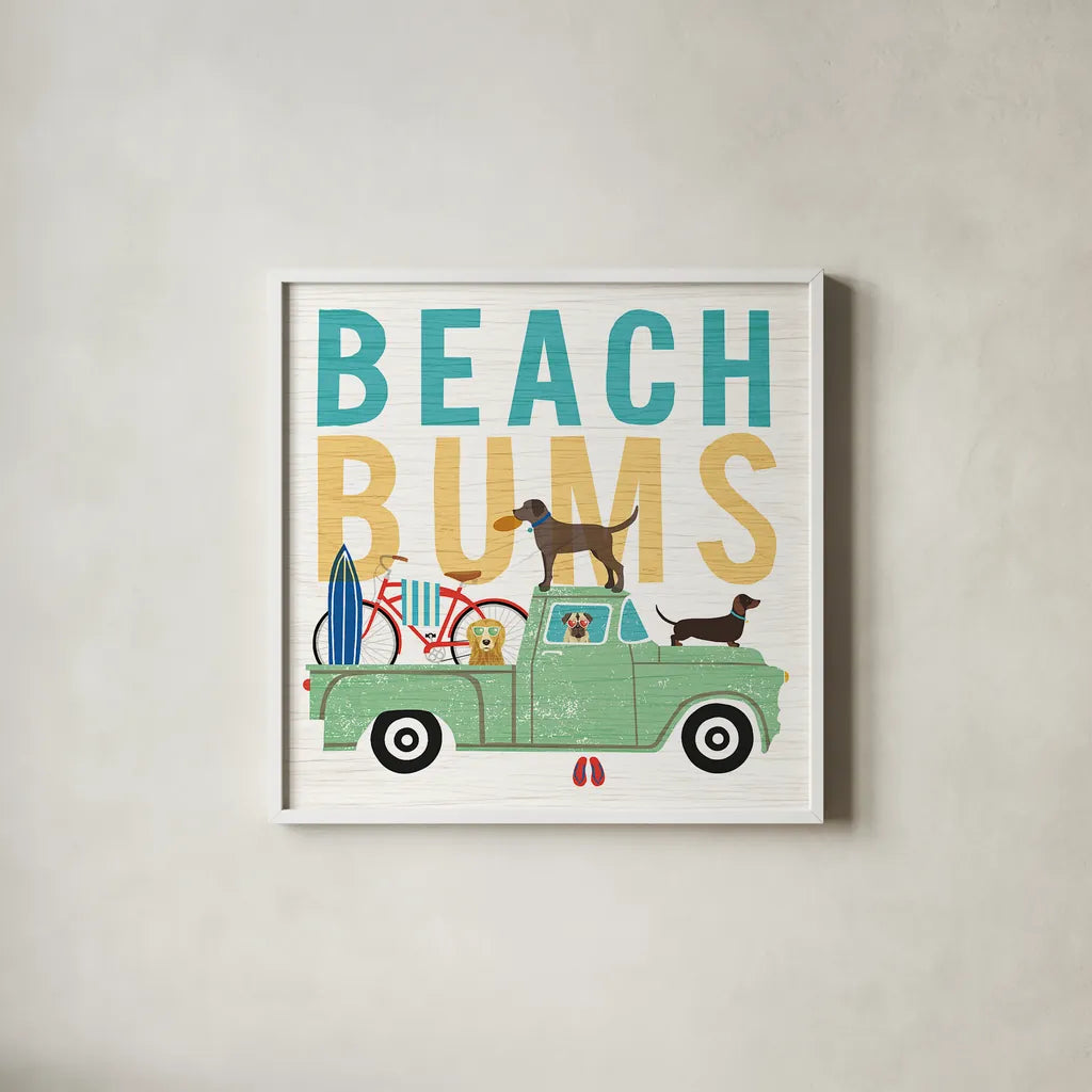 Beach Bums Truck I square by Michael Mullan. Shown in a crisp white glass frame for a clean and minimalist style. Available as an archival giclee rolled canvas, fine art paper, or poster print. SKU 23268a.