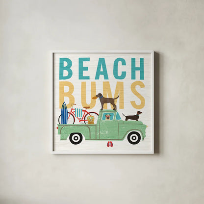 Beach Bums Truck I square by Michael Mullan. Shown in a crisp white glass frame for a clean and minimalist style. Available as an archival giclee rolled canvas, fine art paper, or poster print. SKU 23268a.