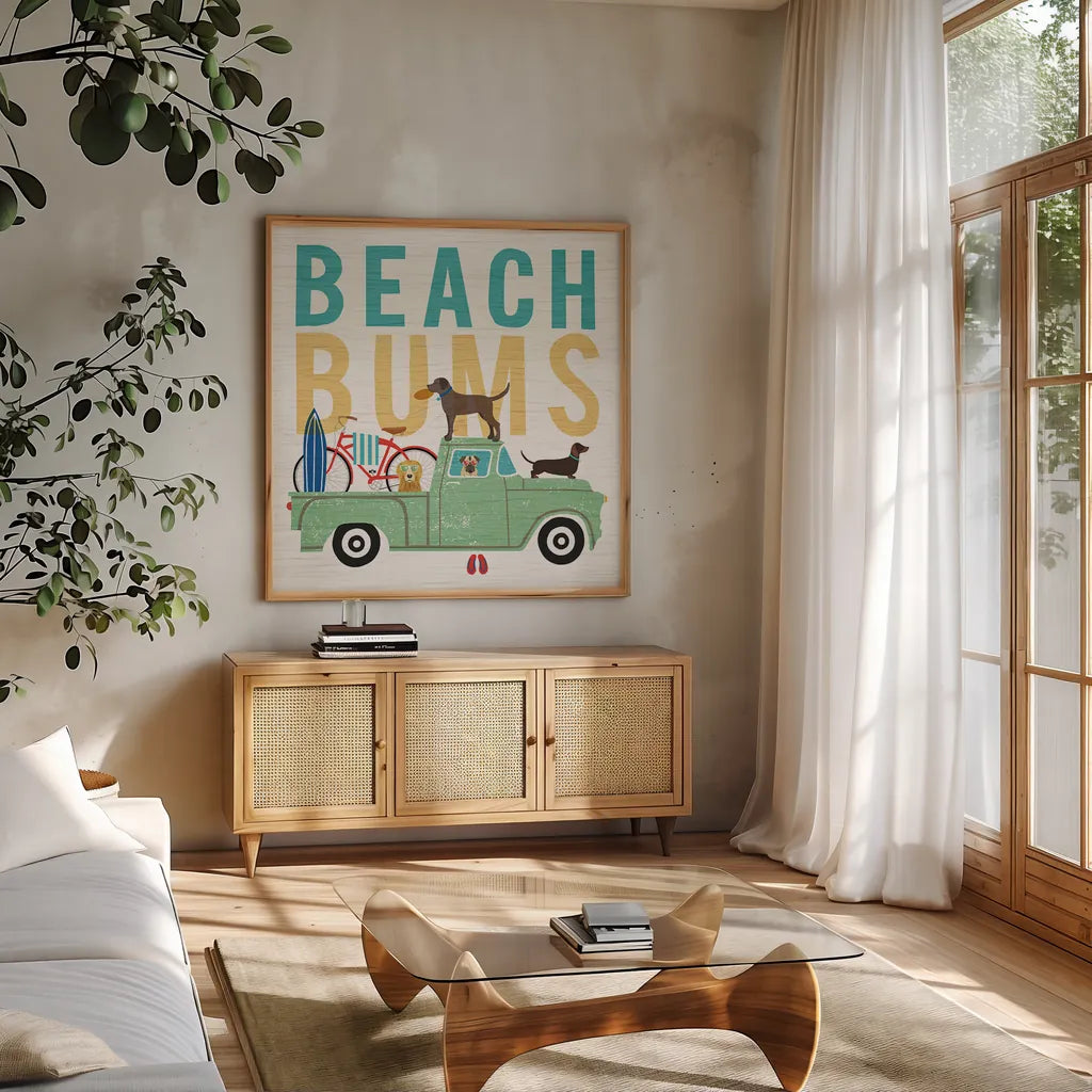 Beach Bums Truck I square by Michael Mullan. Shown in a natural wood frame in a cozy modern living room. Available as an archival giclee rolled canvas, fine art paper, or poster print. SKU 23268a.